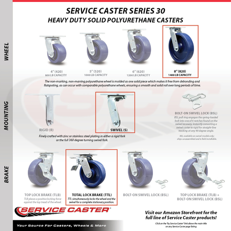 Service Caster 8 Inch Solid Polyurethane Caster Set with Roller Bearing 2 Total Lock Brake SCC SCC-TTL30S820-SPUR-2-S-2